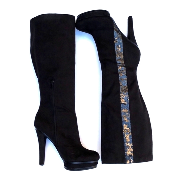 Jennifer Lopez Shoes - J Lo 🖤 Malina Knee High Boots 🖤 black with sequined sides, 4" heel- Wm sz 9